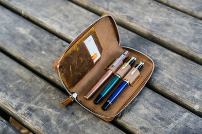 Leather Zippered 3 Slots Pen Case - Crazy Horse Brown