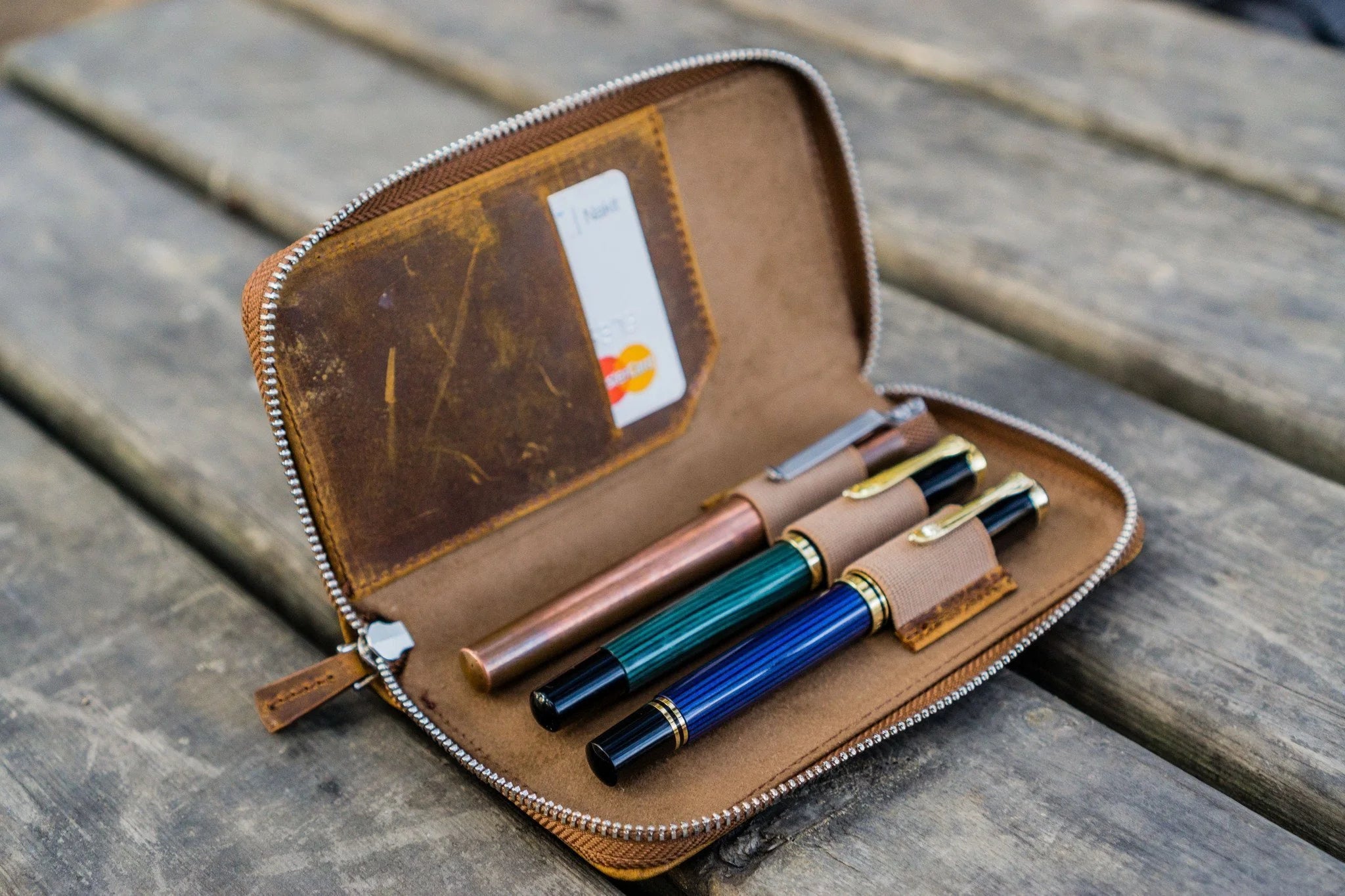 Leather Zippered 3 Slots Pen Case - Crazy Horse Brown