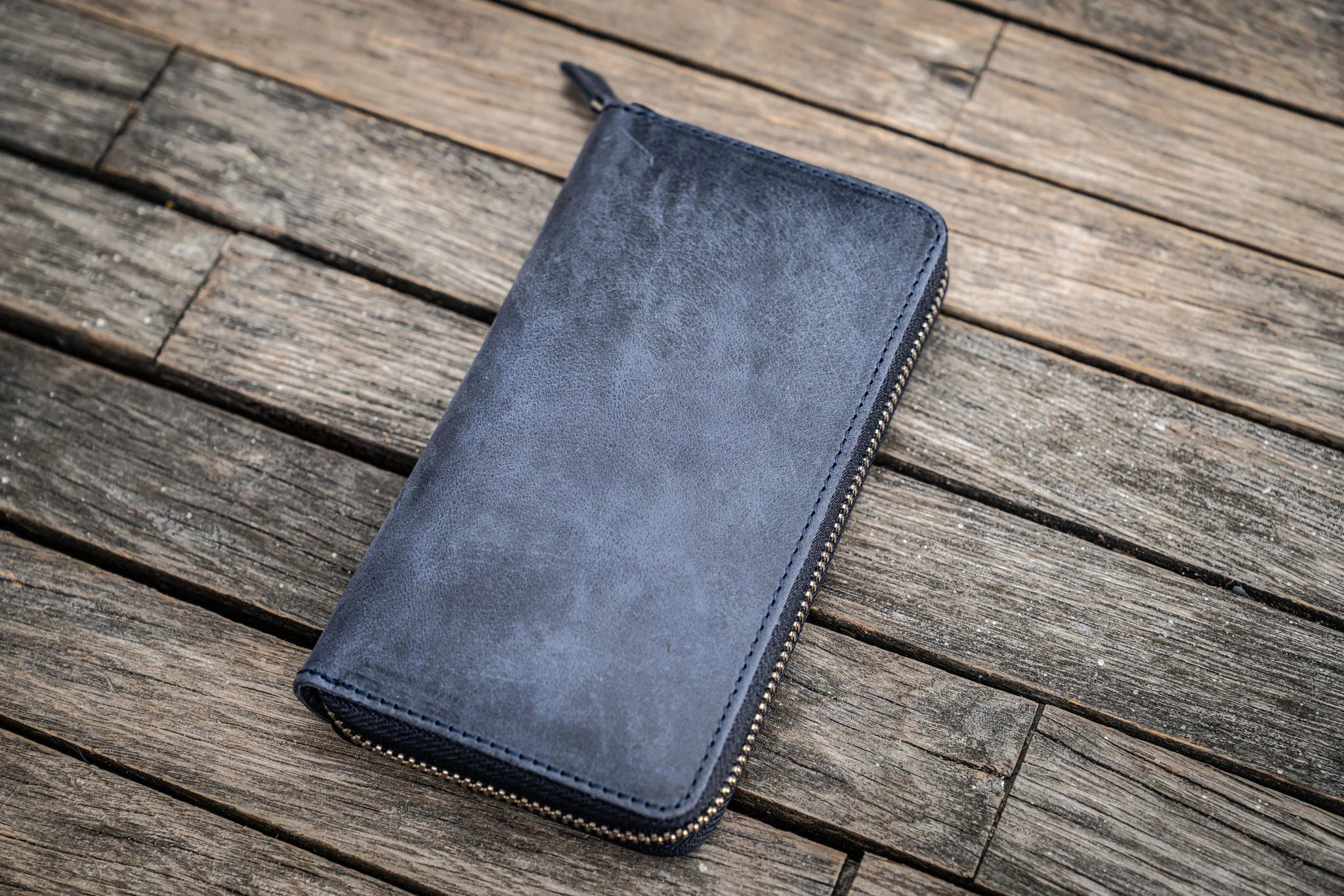 Leather Zippered 3 Slots Pen Case - Crazy Horse Navy Blue