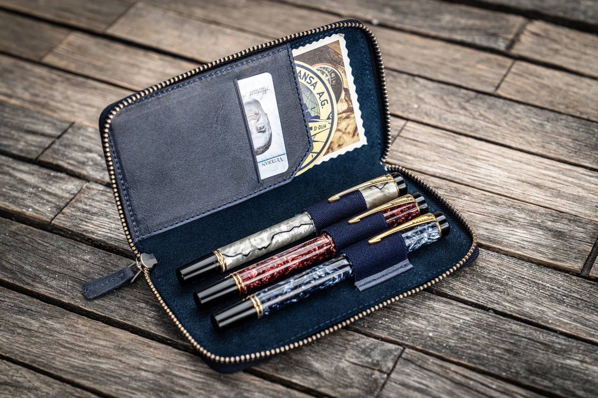 Leather Zippered 3 Slots Pen Case - Crazy Horse Navy Blue
