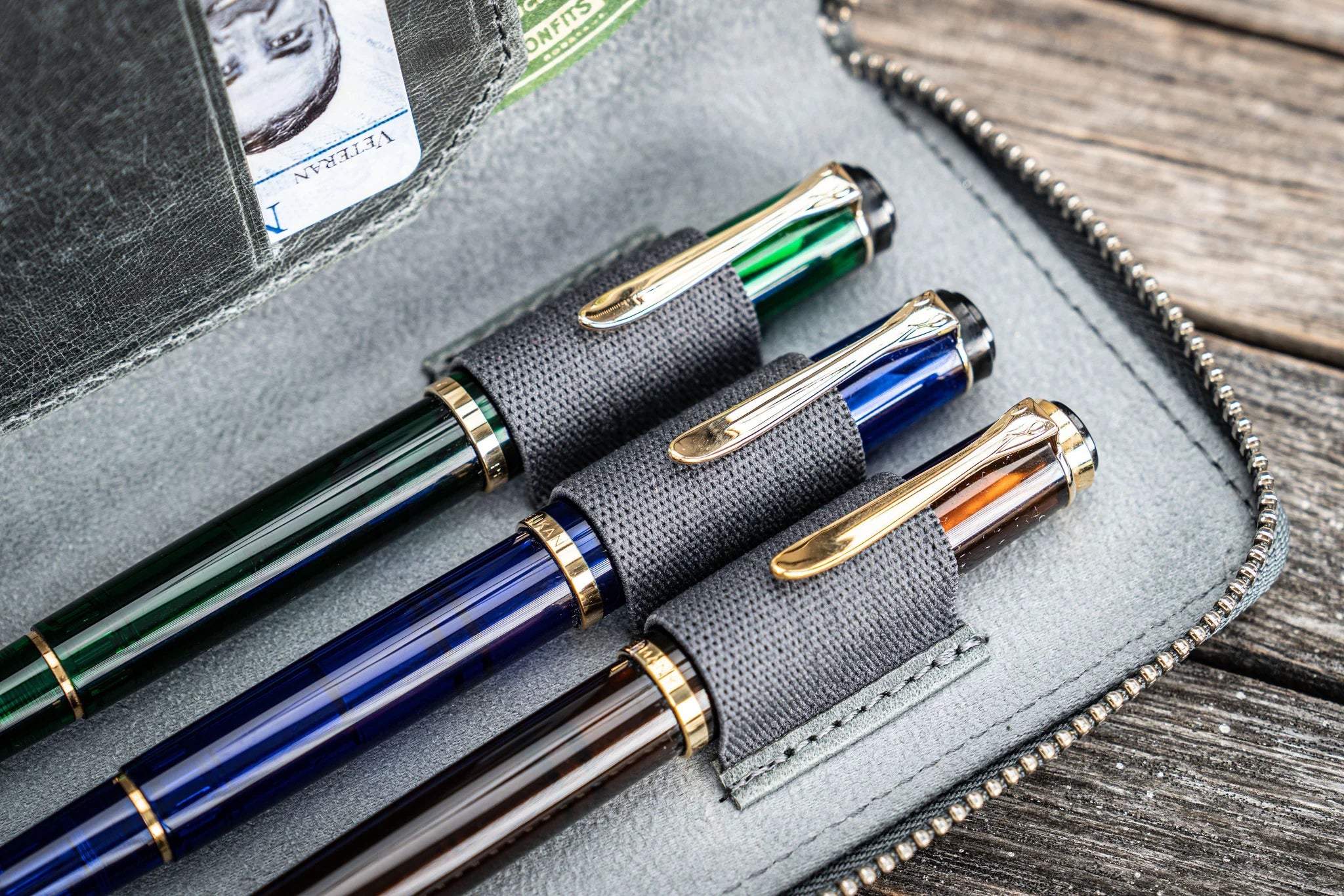 Leather Zippered 3 Slots Pen Case - Crazy Horse Smoky