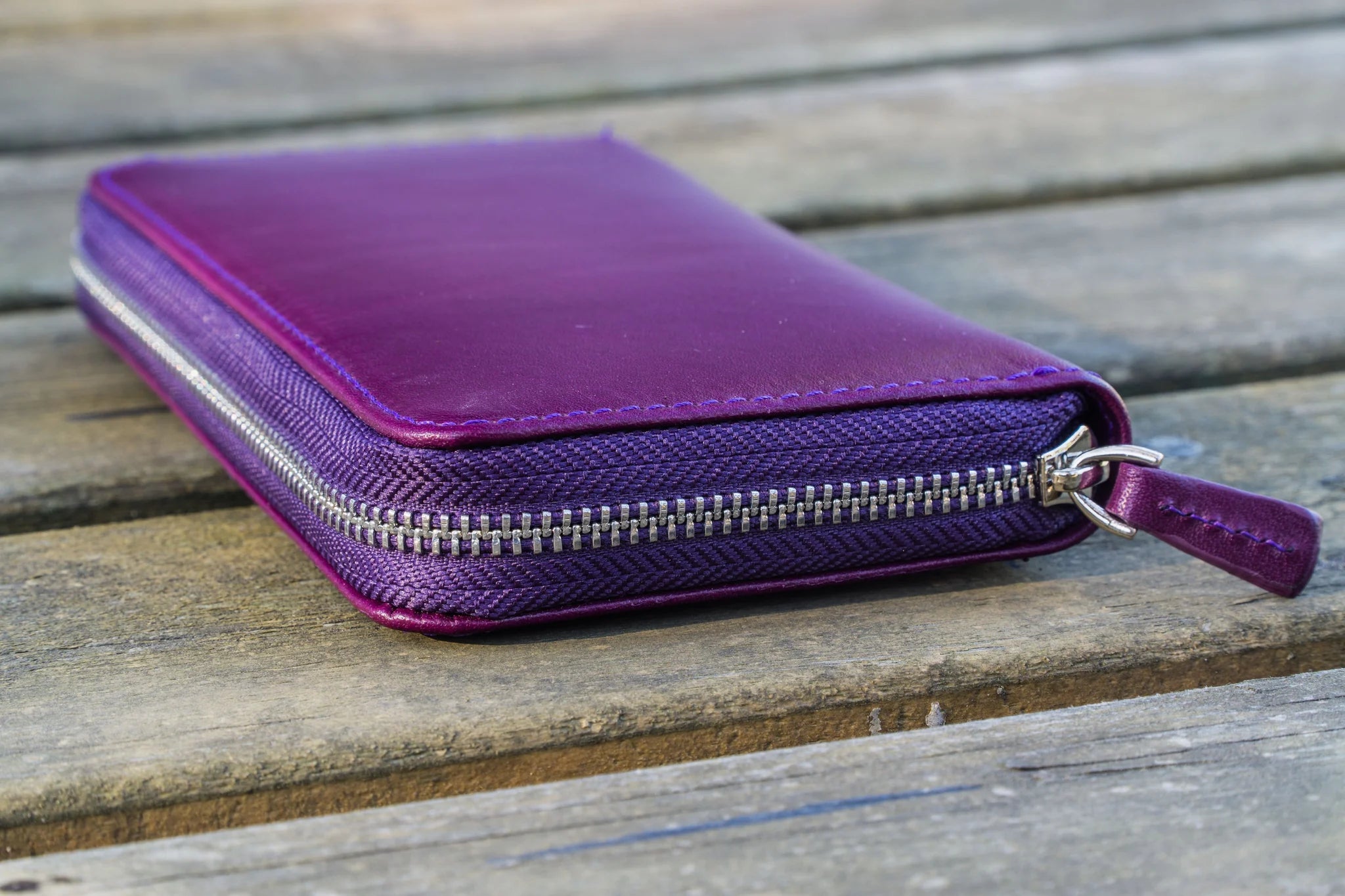 Leather Zippered 3 Slots Pen Case - Purple