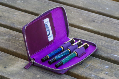 Leather Zippered 3 Slots Pen Case - Purple