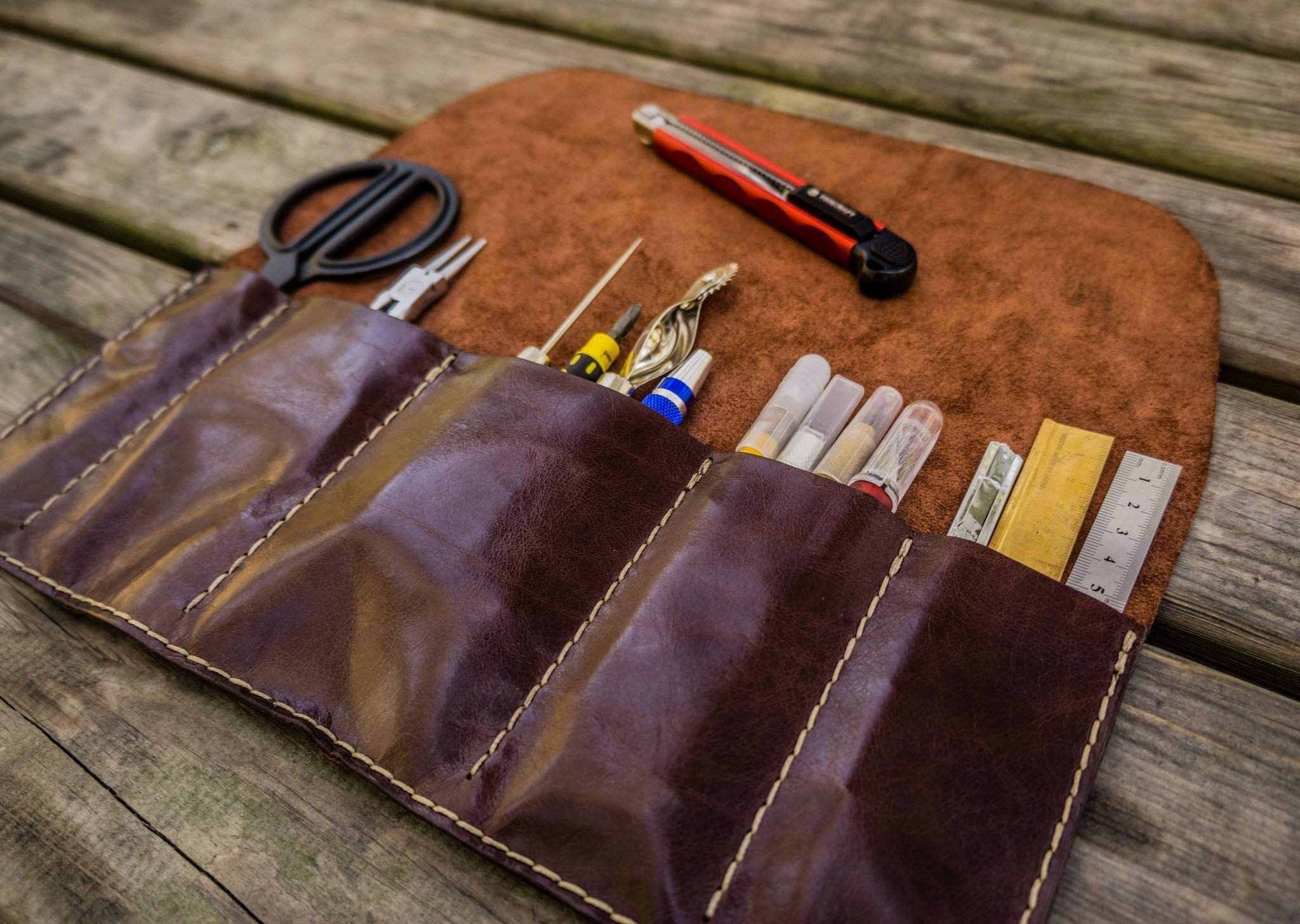 Personalized Leather Pen Roll - Brown