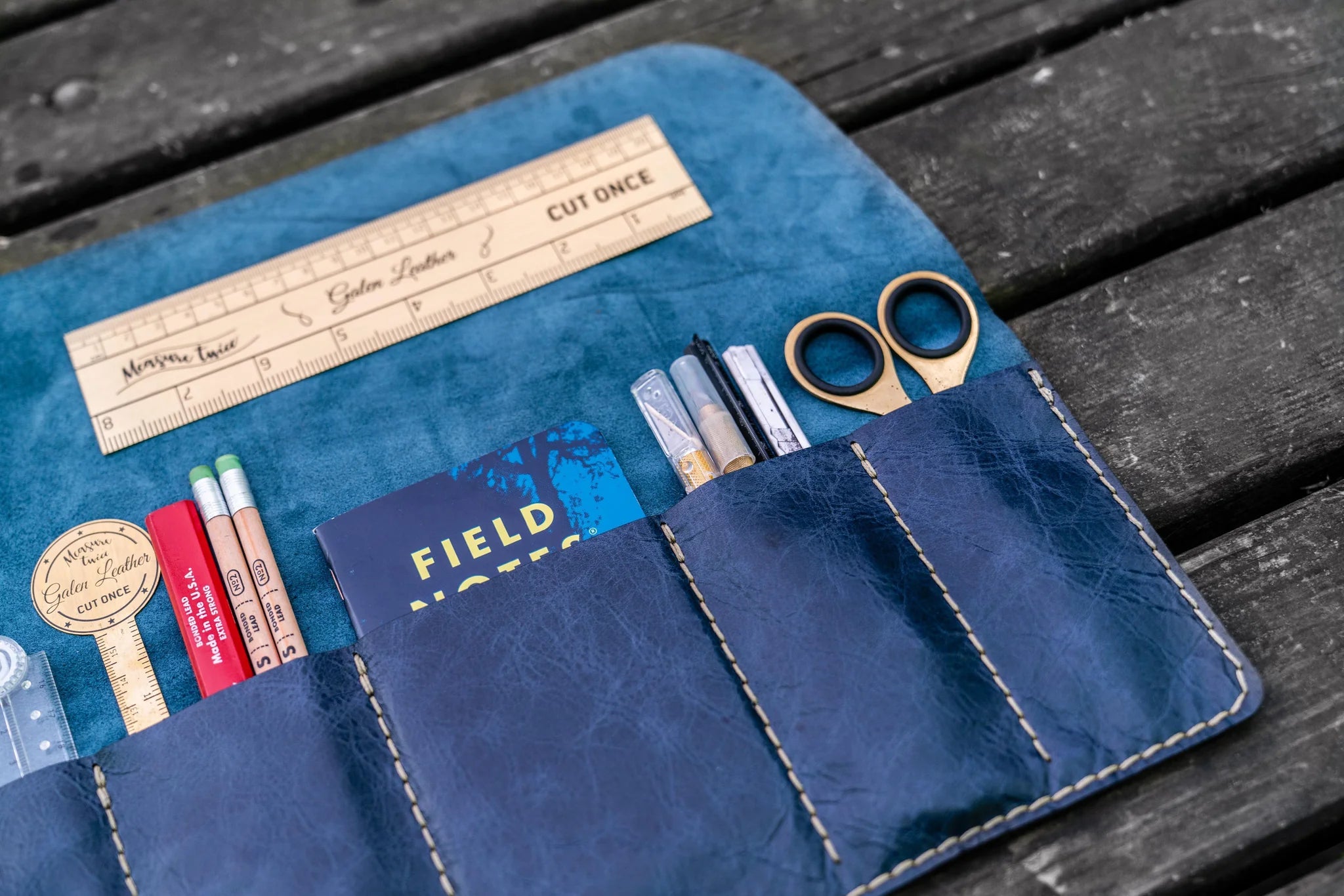Personalized Leather Pen Roll - Rustic Navy